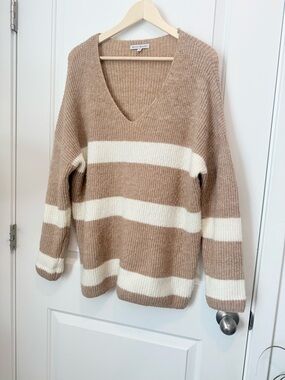 Brochu Walker Beige & Cream Striped V-Neck Sweater